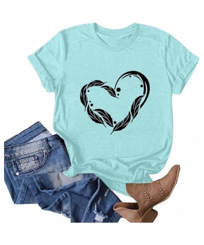 Cute Feather Heart Tee Tops for Women Summer Crew Neck Graphic Loose Basic Short Sleeve T Shirt Blouse Tops Teens Girl Light ...