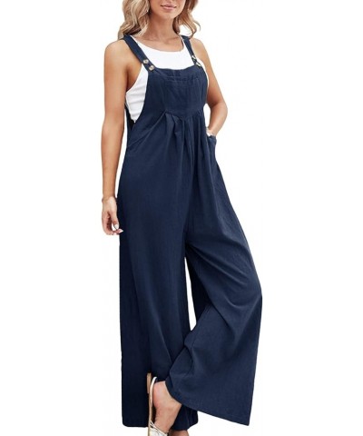 Womens Overalls Casual Adjustable Cotton Linen Overalls for Women Loose Fit Bib Wide Leg Jumpsuit with Pockets Navy $11.59 Ov...