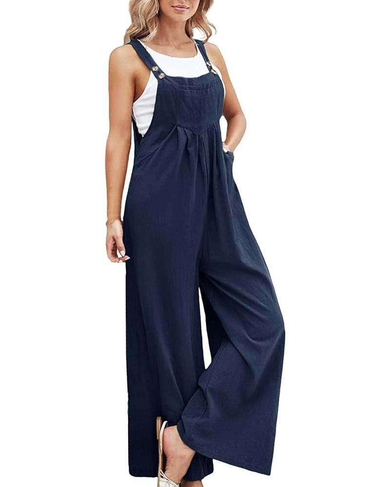 Womens Overalls Casual Adjustable Cotton Linen Overalls for Women Loose Fit Bib Wide Leg Jumpsuit with Pockets Navy $11.59 Ov...