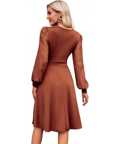 Women Swiss Dot Bishop Long Sleeves V Neck A-line Cocktail Dress Winter Fall Wedding Guest Dresses Rust $11.77 Dresses