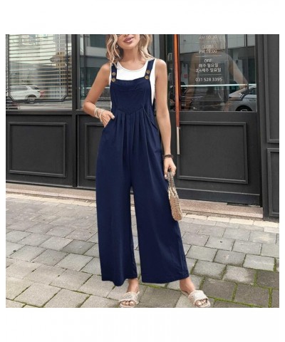 Womens Overalls Casual Adjustable Cotton Linen Overalls for Women Loose Fit Bib Wide Leg Jumpsuit with Pockets Navy $11.59 Ov...