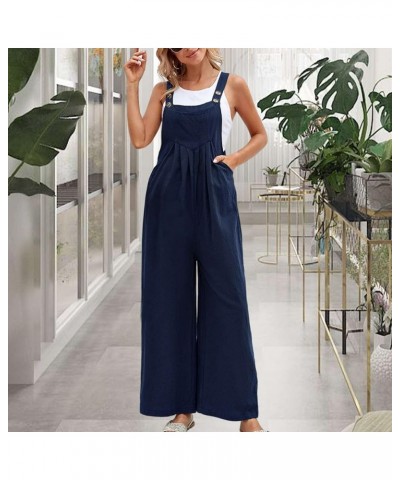 Womens Overalls Casual Adjustable Cotton Linen Overalls for Women Loose Fit Bib Wide Leg Jumpsuit with Pockets Navy $11.59 Ov...