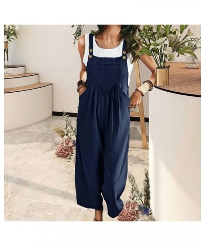 Womens Overalls Casual Adjustable Cotton Linen Overalls for Women Loose Fit Bib Wide Leg Jumpsuit with Pockets Navy $11.59 Ov...