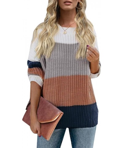 Women's Crew Neck Long Sleeve Color Block Knit Sweater Casual Pullover Jumper Tops Brown $23.93 Sweaters