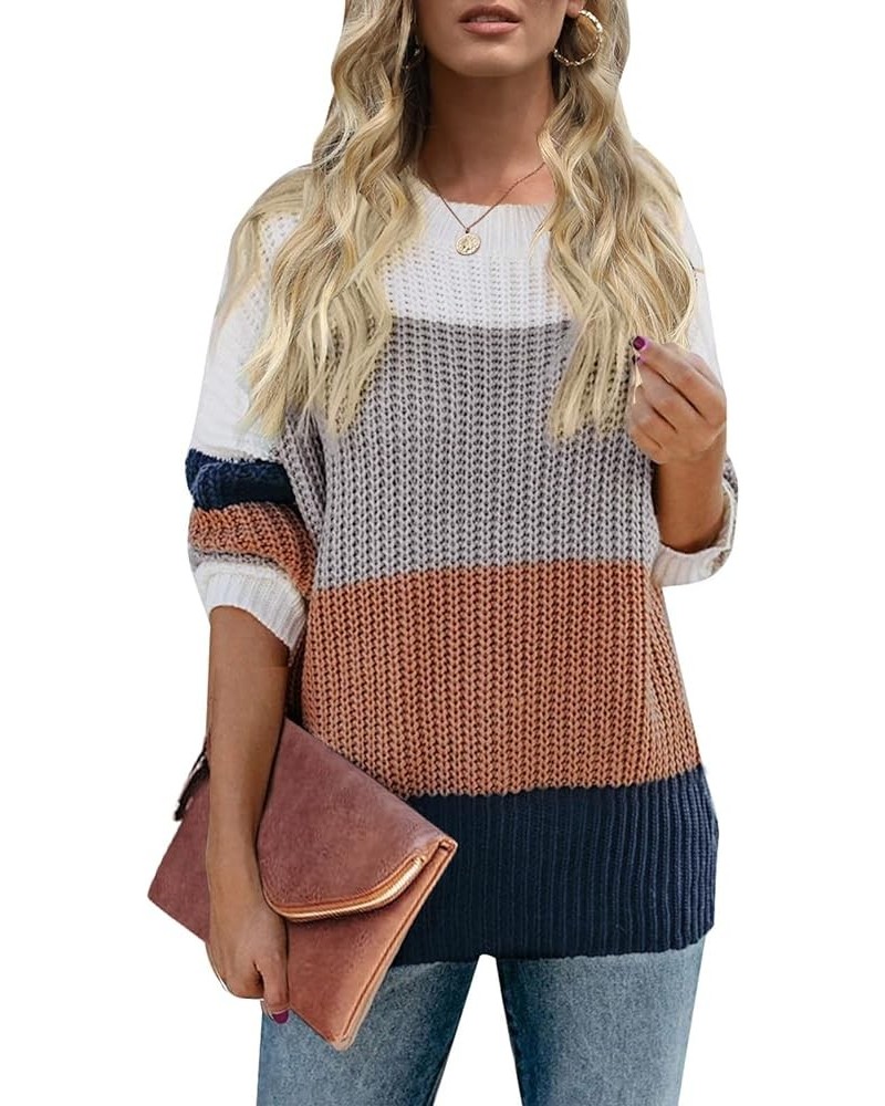 Women's Crew Neck Long Sleeve Color Block Knit Sweater Casual Pullover Jumper Tops Brown $23.93 Sweaters