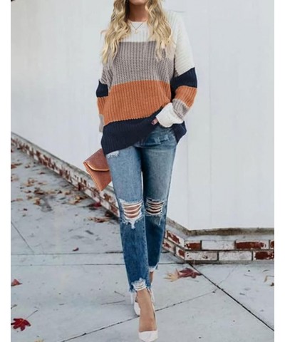 Women's Crew Neck Long Sleeve Color Block Knit Sweater Casual Pullover Jumper Tops Brown $23.93 Sweaters