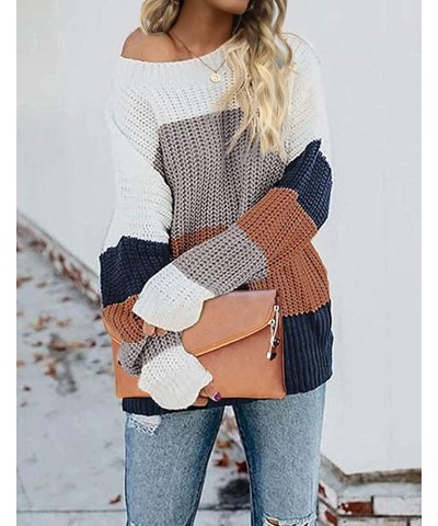 Women's Crew Neck Long Sleeve Color Block Knit Sweater Casual Pullover Jumper Tops Brown $23.93 Sweaters