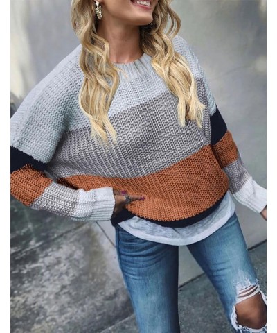 Women's Crew Neck Long Sleeve Color Block Knit Sweater Casual Pullover Jumper Tops Brown $23.93 Sweaters