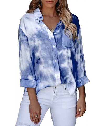 Womens Button Down Shirts Roll Up Long Sleeve Casual Blouse Shirts Tops Tie Dye-navy $11.60 Blouses