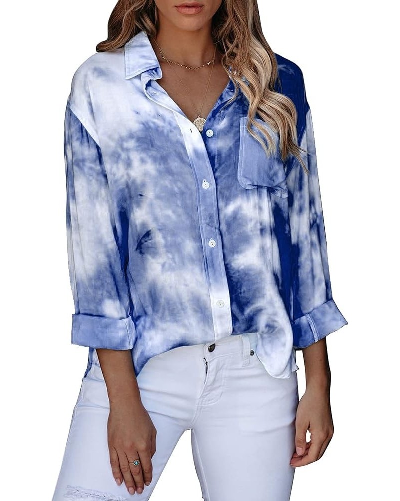 Womens Button Down Shirts Roll Up Long Sleeve Casual Blouse Shirts Tops Tie Dye-navy $11.60 Blouses