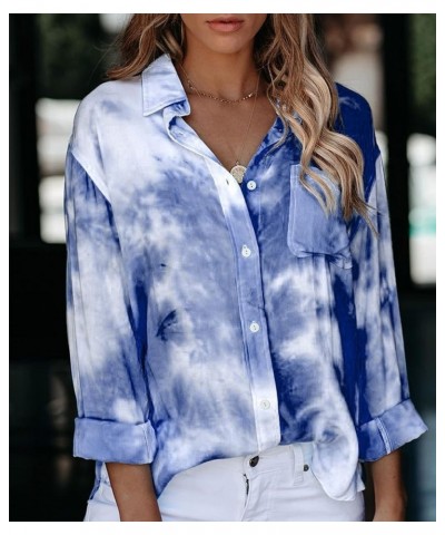 Womens Button Down Shirts Roll Up Long Sleeve Casual Blouse Shirts Tops Tie Dye-navy $11.60 Blouses