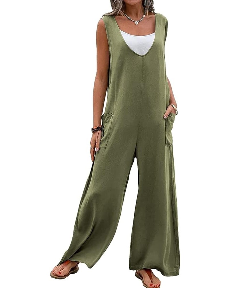 Women Wide Leg Jumpsuit Summer Casual Sleeveless Suspender Overall Loose Baggy Pants Romper with Pocket D Wide Leg Green $9.4...