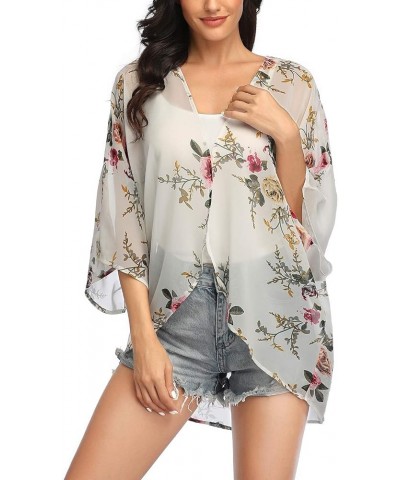 Women's 3/4 Sleeve Floral Kimono Cardigan, Sheer Loose Shawl Capes, Chiffon Beach Cover-Up, Casual Blouse Tops M-white Flower...