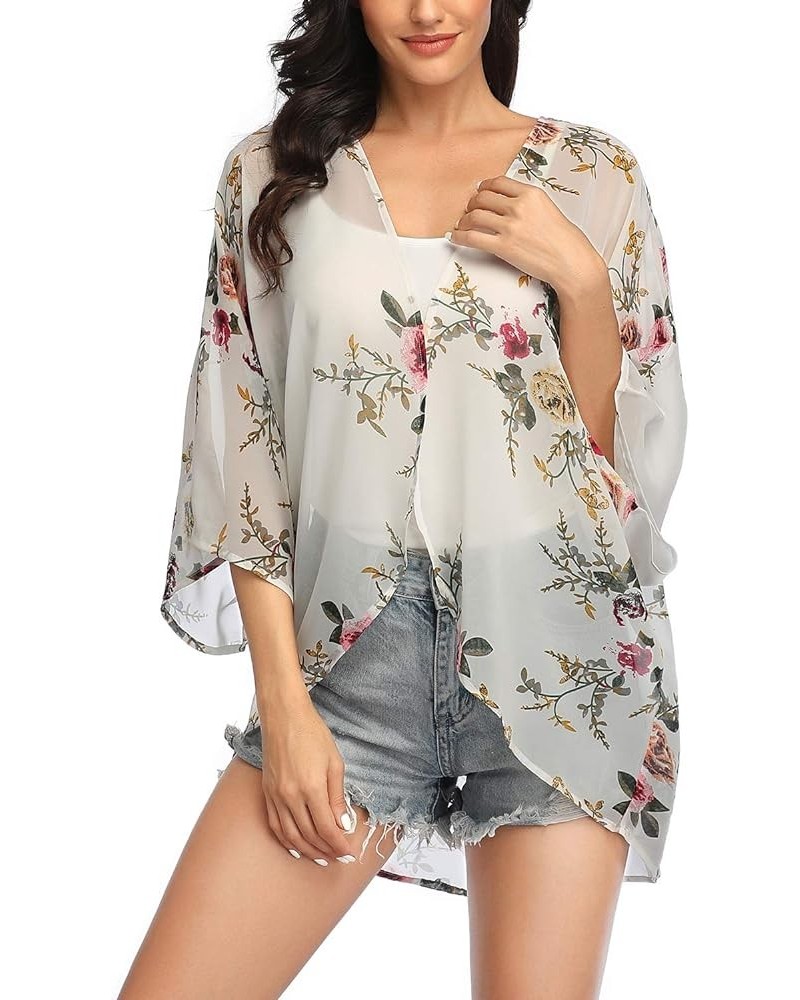 Women's 3/4 Sleeve Floral Kimono Cardigan, Sheer Loose Shawl Capes, Chiffon Beach Cover-Up, Casual Blouse Tops M-white Flower...