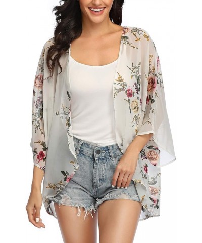 Women's 3/4 Sleeve Floral Kimono Cardigan, Sheer Loose Shawl Capes, Chiffon Beach Cover-Up, Casual Blouse Tops M-white Flower...