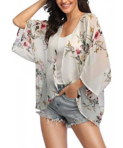 Women's 3/4 Sleeve Floral Kimono Cardigan, Sheer Loose Shawl Capes, Chiffon Beach Cover-Up, Casual Blouse Tops M-white Flower...