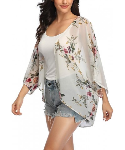 Women's 3/4 Sleeve Floral Kimono Cardigan, Sheer Loose Shawl Capes, Chiffon Beach Cover-Up, Casual Blouse Tops M-white Flower...