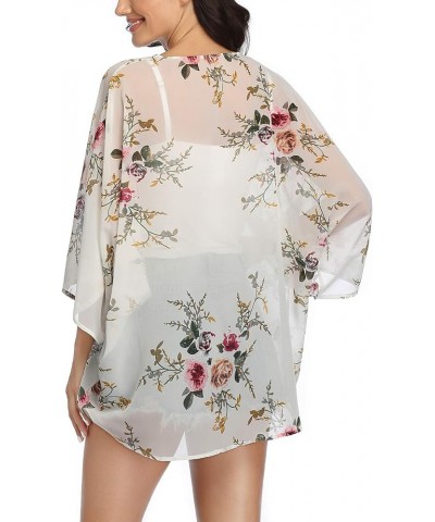 Women's 3/4 Sleeve Floral Kimono Cardigan, Sheer Loose Shawl Capes, Chiffon Beach Cover-Up, Casual Blouse Tops M-white Flower...