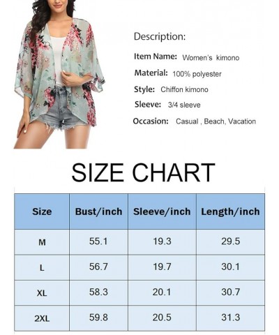 Women's 3/4 Sleeve Floral Kimono Cardigan, Sheer Loose Shawl Capes, Chiffon Beach Cover-Up, Casual Blouse Tops M-white Flower...