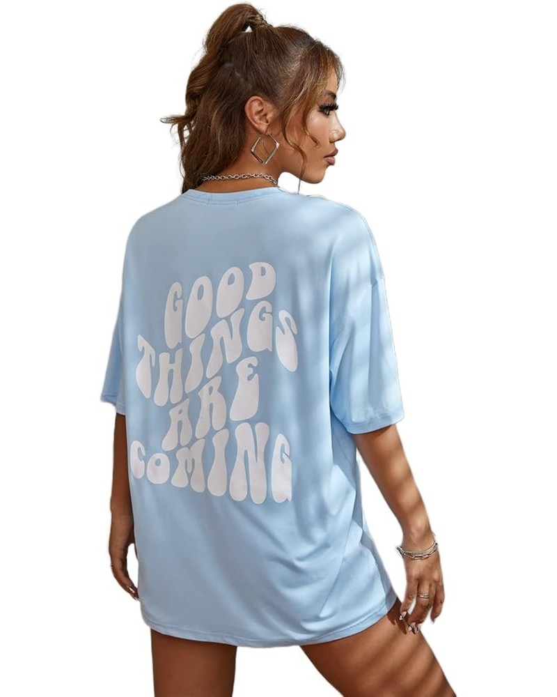 Women's Oversized T Shirts Graphic Tees Letter Print Casual Trendy Summer Tops Blue $12.50 T-Shirts