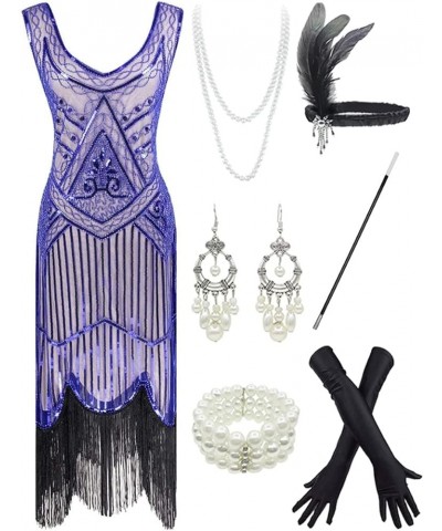 20s Flapper Gatsby Sequin Beaded Evening Cocktail Dress with accessories set Beige&blue $32.34 Sets