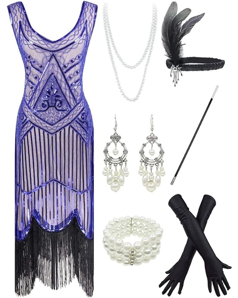 20s Flapper Gatsby Sequin Beaded Evening Cocktail Dress with accessories set Beige&blue $32.34 Sets