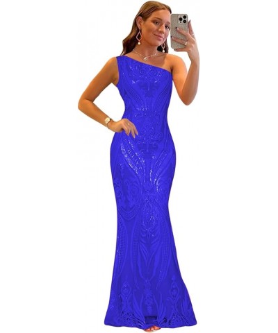 Women's One Shoulder Sequin Prom Dress Sparkly Mermaid Bodycon Ball Gown Sleeveless Long Formal Evening Dresses Royal Blue $2...