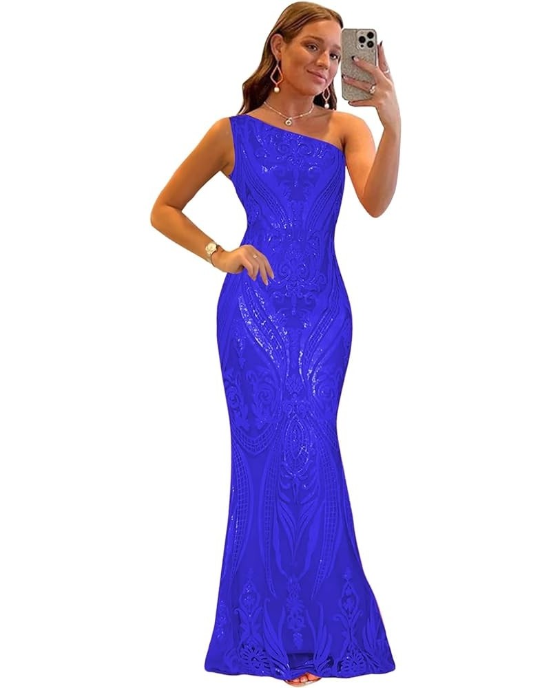 Women's One Shoulder Sequin Prom Dress Sparkly Mermaid Bodycon Ball Gown Sleeveless Long Formal Evening Dresses Royal Blue $2...