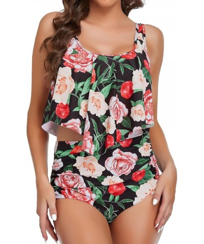 Tankini Swimsuit for Women Plus Size Bathing Suits Tummy Control High Waisted Two Piece Full Coverage Swimswear Black Rose $1...