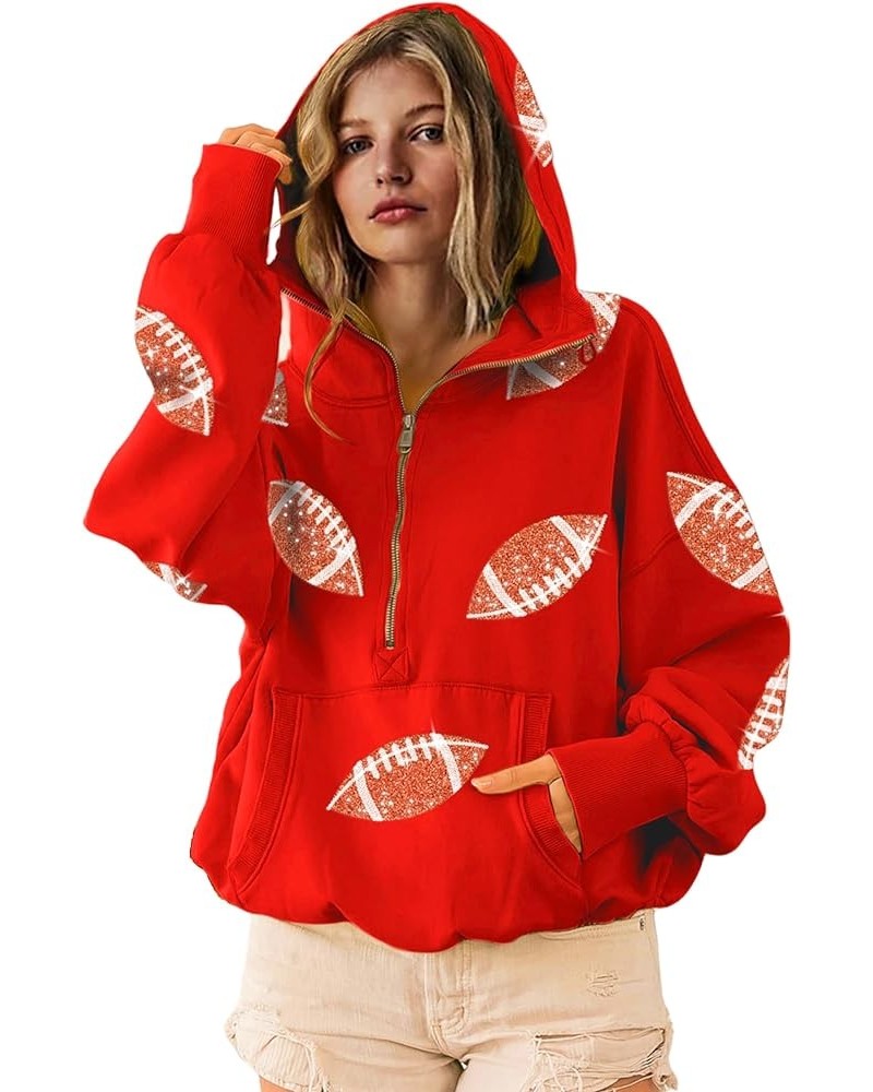 Womens Game Day Sweatshirts Football Sequin Hoodies Tailgate Outfits Long Sleeve Zipper Sweaters with Pocket Red $20.16 Hoodi...