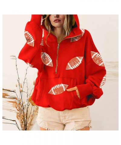 Womens Game Day Sweatshirts Football Sequin Hoodies Tailgate Outfits Long Sleeve Zipper Sweaters with Pocket Red $20.16 Hoodi...