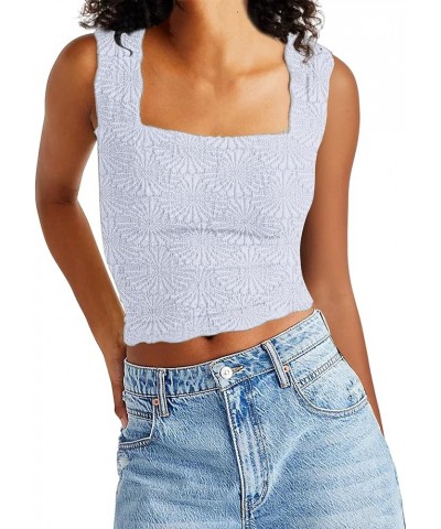 Women Square Neck Crop Tank Tops Sleeveless Wide Strappy Lettuce Trim Going-Out Cami Vest Tops Blue $12.50 Tops