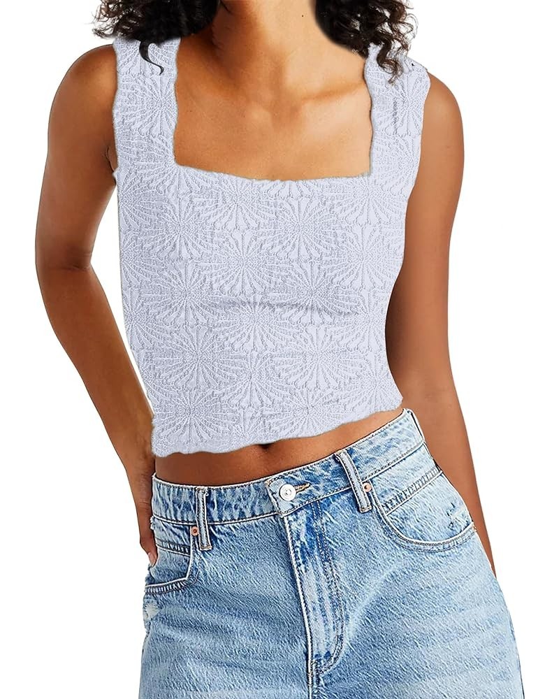 Women Square Neck Crop Tank Tops Sleeveless Wide Strappy Lettuce Trim Going-Out Cami Vest Tops Blue $12.50 Tops