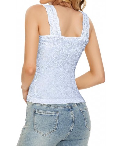 Women Square Neck Crop Tank Tops Sleeveless Wide Strappy Lettuce Trim Going-Out Cami Vest Tops Blue $12.50 Tops