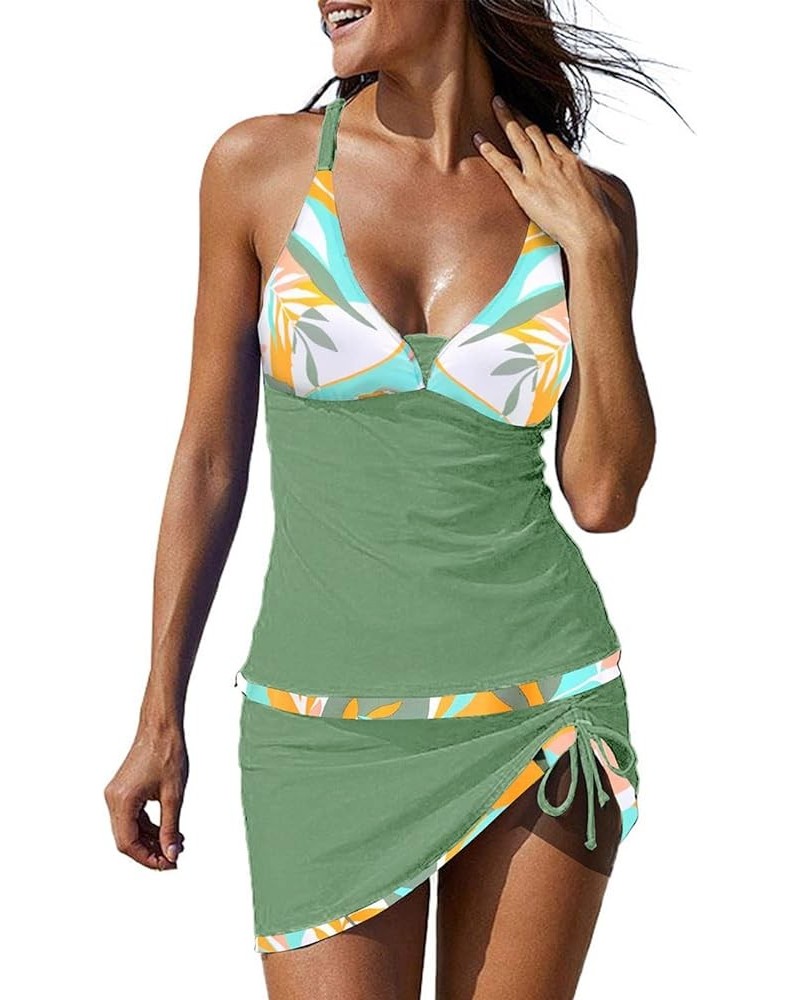 Women Racerback Tankini Swimdress Tummy Control Two Piece Vintage Bathing Suit Floral Print Green White Leaf-109 $17.66 Swims...