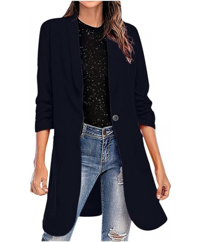 Women's Long Sleeves Open Front Blazers Suit Office Work Wear Solid Blazer Jacket Lapel Casual Business Outfits Coat 05-navy ...