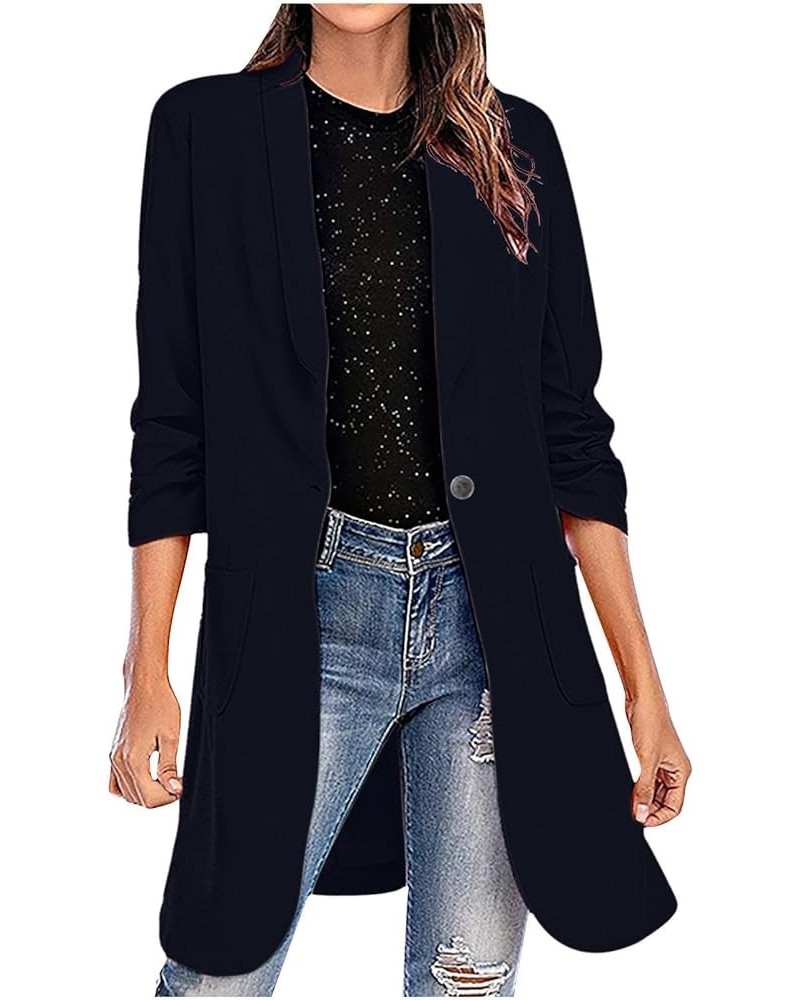 Women's Long Sleeves Open Front Blazers Suit Office Work Wear Solid Blazer Jacket Lapel Casual Business Outfits Coat 05-navy ...