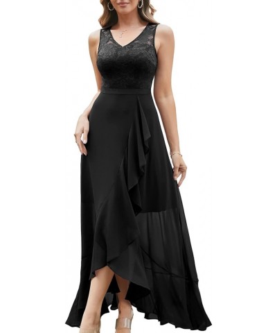 Wedding Guest Dress for Women Long Lace Chiffon Dress Ruffle Asymmetrical Hem A-line Formal Bridesmaid Dress Black $27.52 Dre...