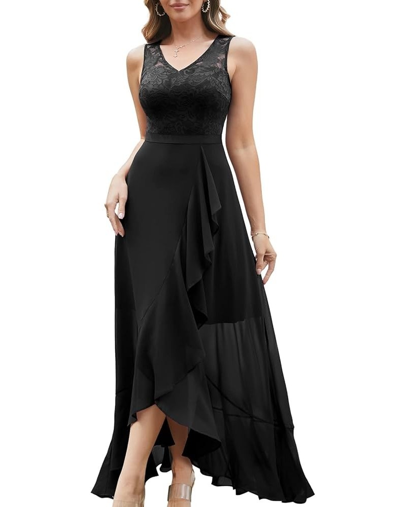 Wedding Guest Dress for Women Long Lace Chiffon Dress Ruffle Asymmetrical Hem A-line Formal Bridesmaid Dress Black $27.52 Dre...