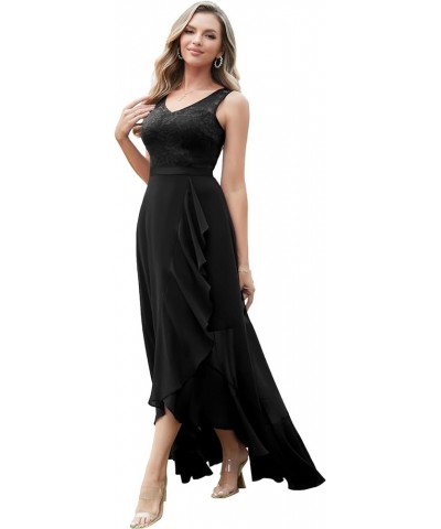 Wedding Guest Dress for Women Long Lace Chiffon Dress Ruffle Asymmetrical Hem A-line Formal Bridesmaid Dress Black $27.52 Dre...