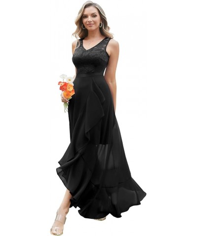 Wedding Guest Dress for Women Long Lace Chiffon Dress Ruffle Asymmetrical Hem A-line Formal Bridesmaid Dress Black $27.52 Dre...