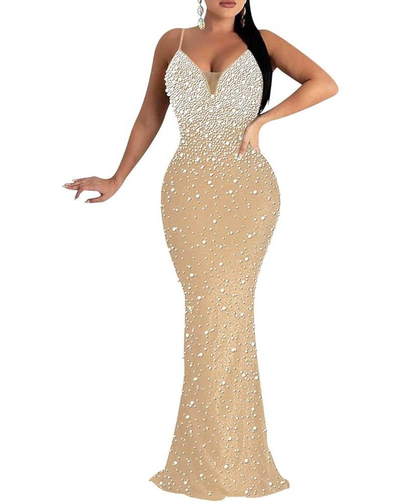 Women's Sexy Elegant Rhinestone Hot Drilling Process Bodycon Dress Party Club Night Out Dress Long Evening Dresses 01 Apricot...