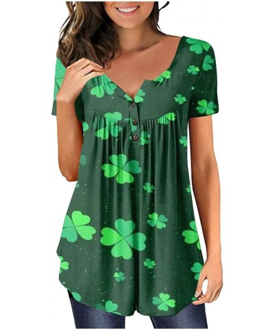 St Patricks Day Shirt Women Clover Henley V-Neck Summer Tops Short Sleeve Buttons Up Blouses Flowy Pleated Tunics A5-army Gre...