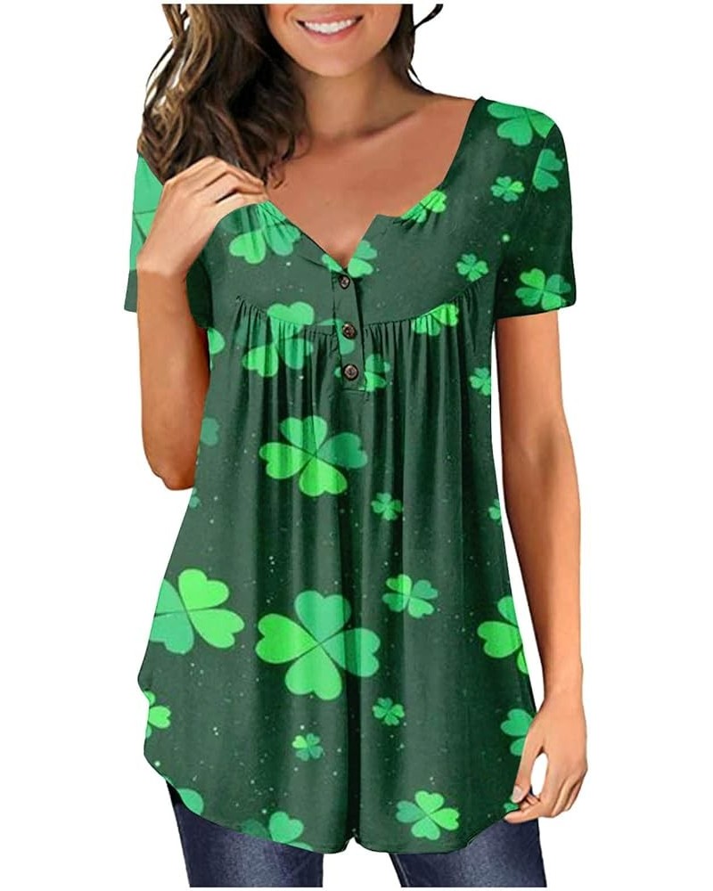 St Patricks Day Shirt Women Clover Henley V-Neck Summer Tops Short Sleeve Buttons Up Blouses Flowy Pleated Tunics A5-army Gre...