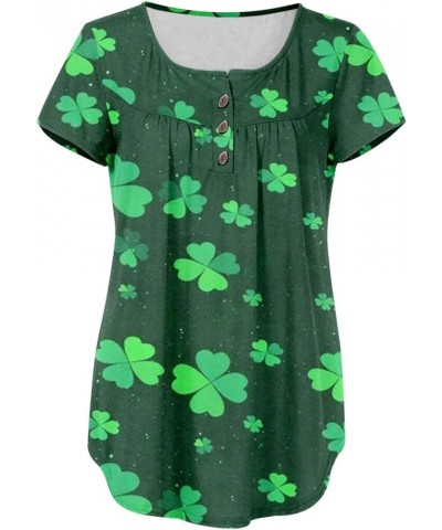 St Patricks Day Shirt Women Clover Henley V-Neck Summer Tops Short Sleeve Buttons Up Blouses Flowy Pleated Tunics A5-army Gre...