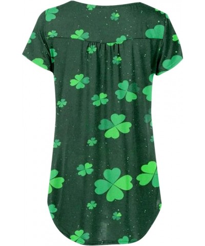 St Patricks Day Shirt Women Clover Henley V-Neck Summer Tops Short Sleeve Buttons Up Blouses Flowy Pleated Tunics A5-army Gre...