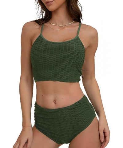 Women's Crisscross Ruched High Waisted Bottom Bikini Set Two Piece Swimsuit Tankini 1-deep Green $19.94 Swimsuits