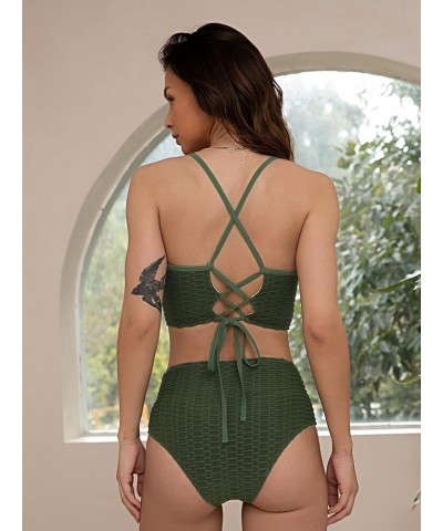 Women's Crisscross Ruched High Waisted Bottom Bikini Set Two Piece Swimsuit Tankini 1-deep Green $19.94 Swimsuits