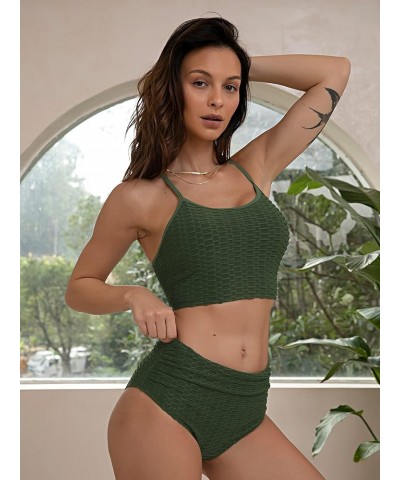 Women's Crisscross Ruched High Waisted Bottom Bikini Set Two Piece Swimsuit Tankini 1-deep Green $19.94 Swimsuits