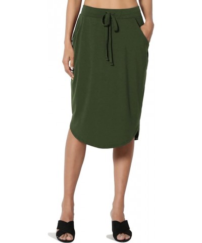 Women's Drawstring Elastic Waist Dolphin Hem Stretch Jersey Pocket Midi Skirt Army Green $10.34 Skirts